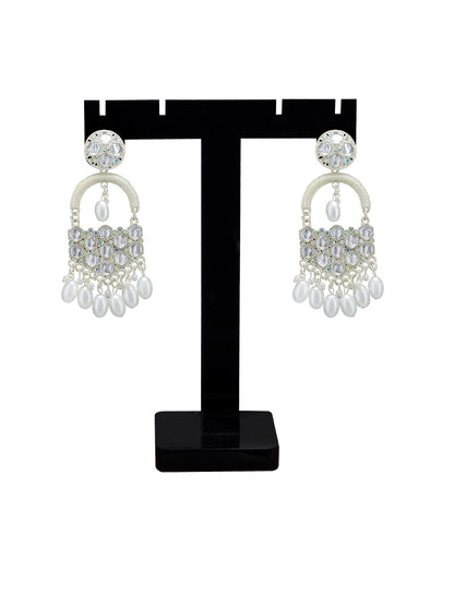 Silver Plated White Artificial Beads & Stones Studded Drop Earrings
