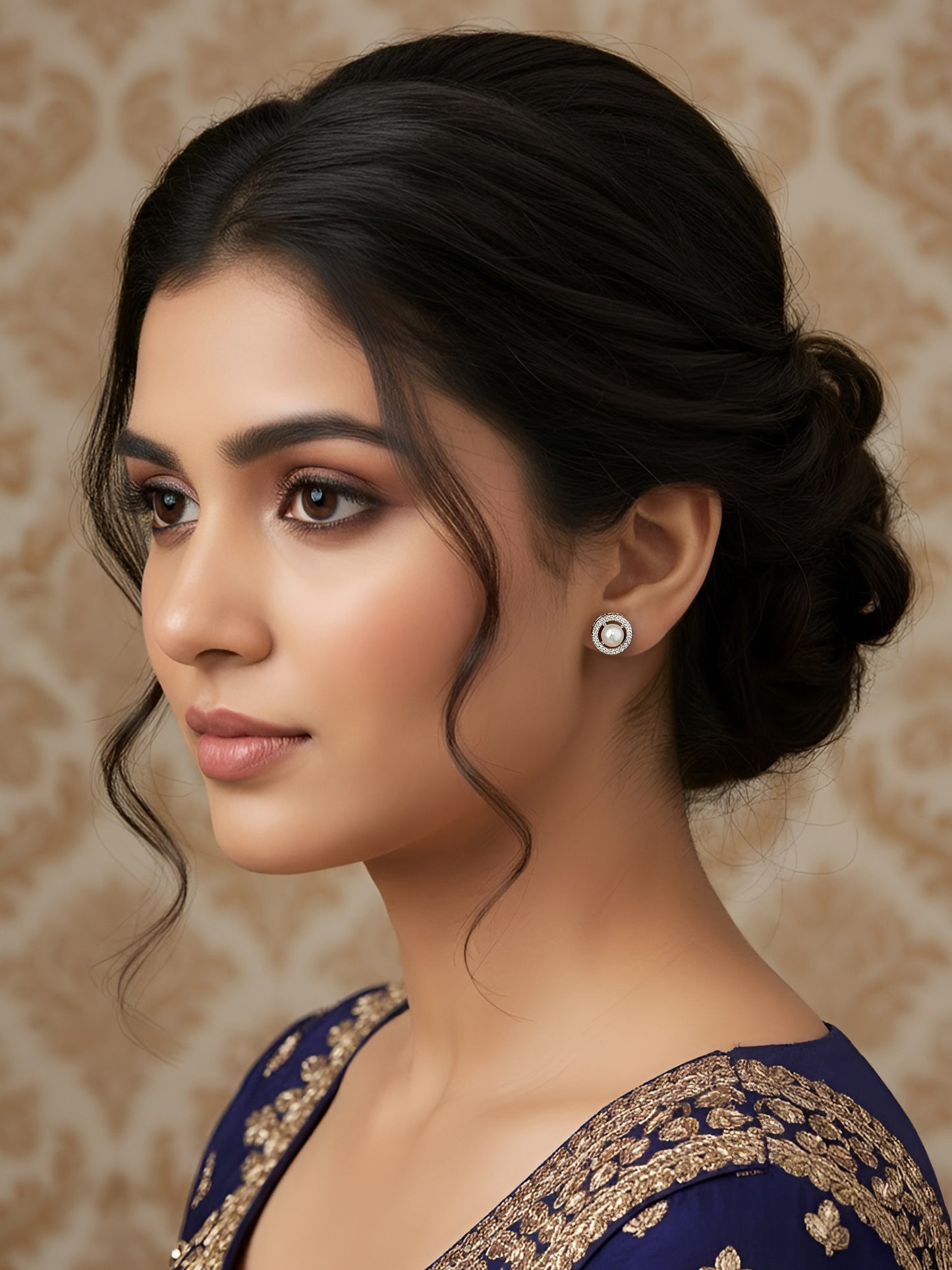 Rhodium Plated White AD & Pearl Stud Earrings for Women