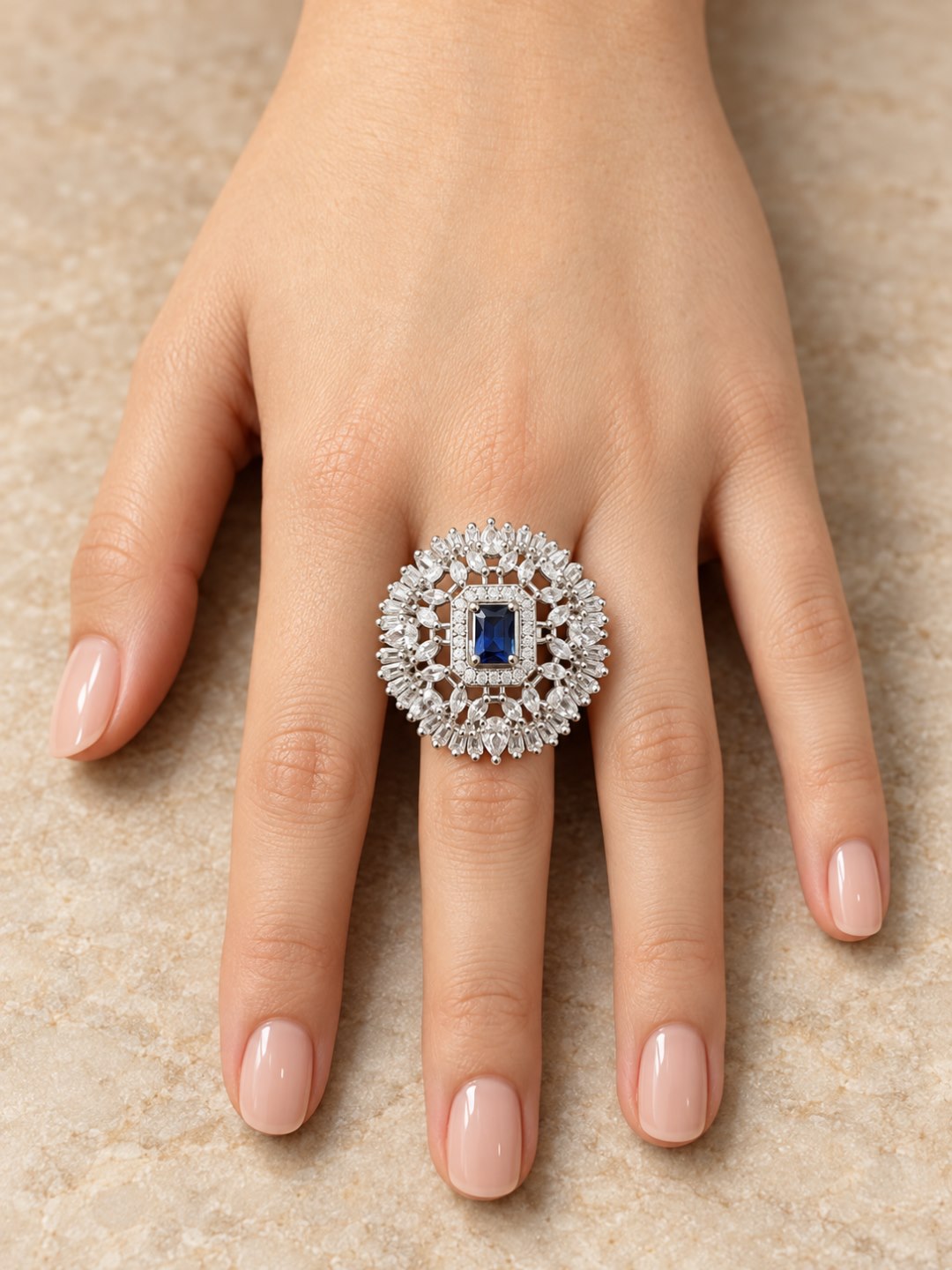 Silver Plated Blue AD Finger Ring for Women