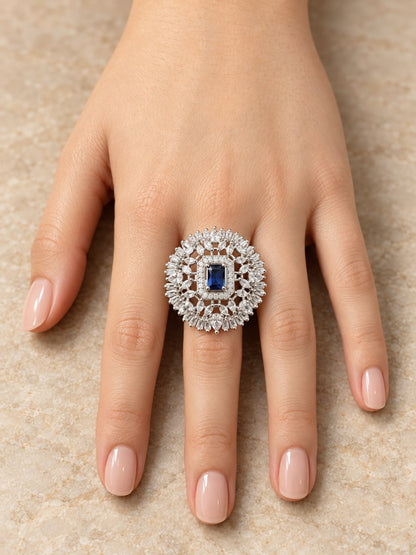 Silver Plated Blue AD Finger Ring for Women