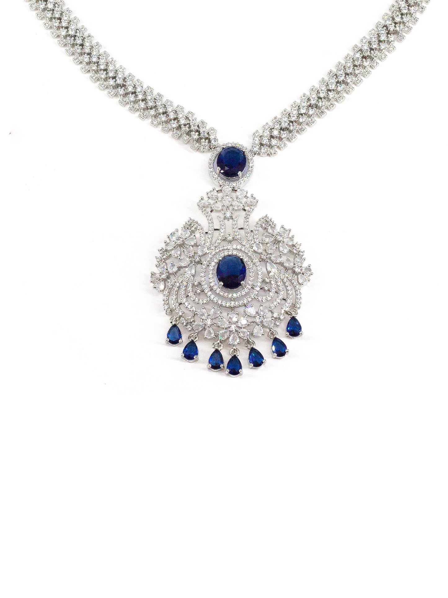 Silver Plated Blue and White AD Long Jewellery Set for Women