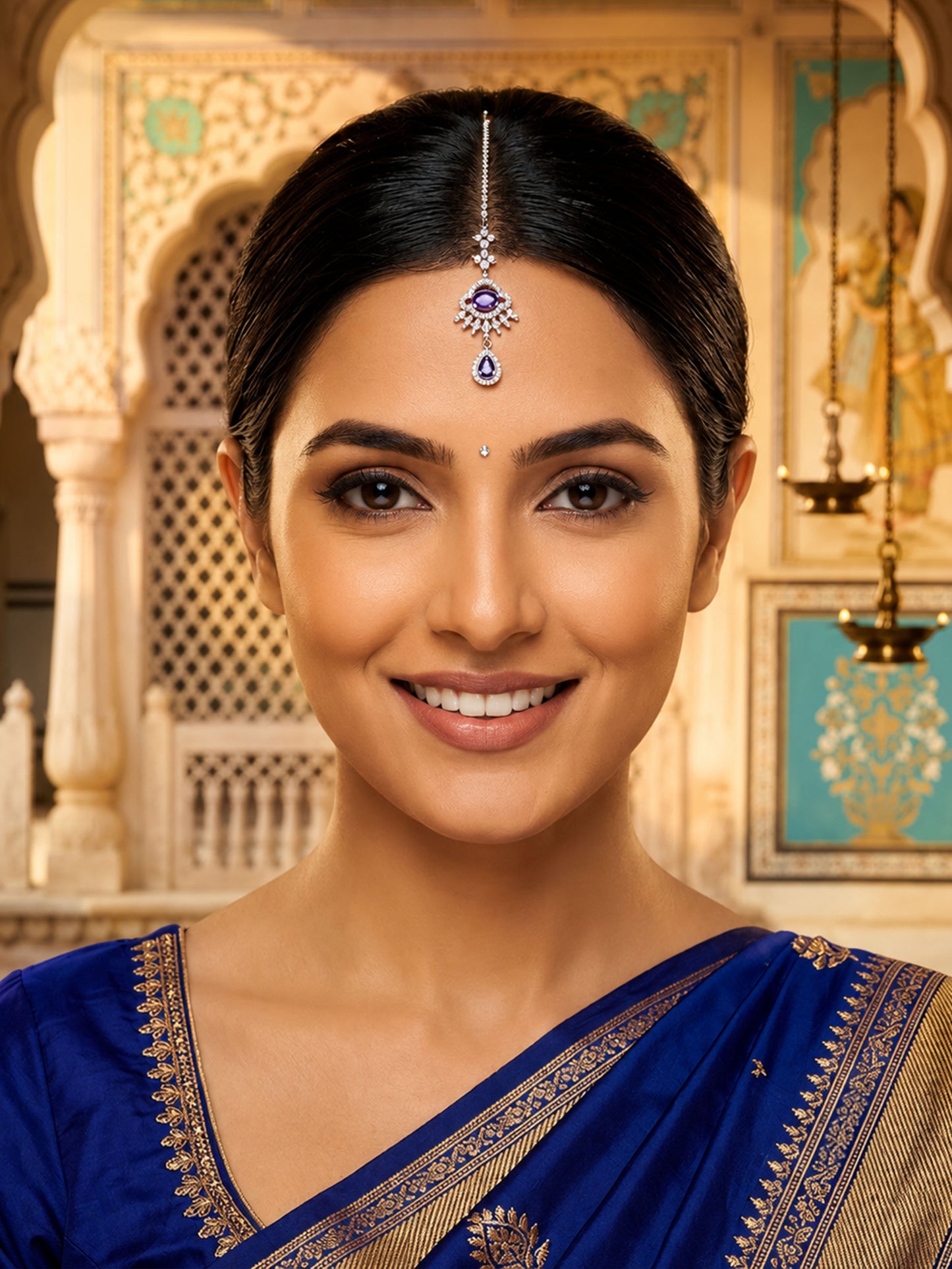 Silver Plated Purple AD Maang Tikka for Women
