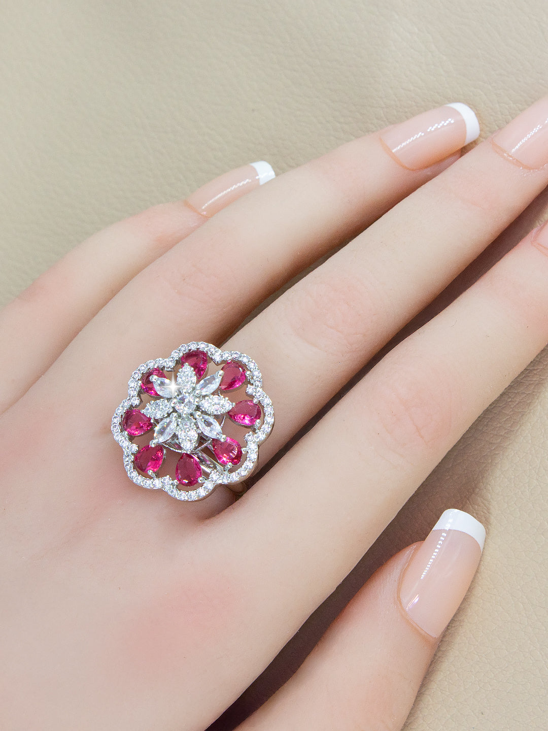 Silver Plated Red Floral AD Adjustable Ring For Women