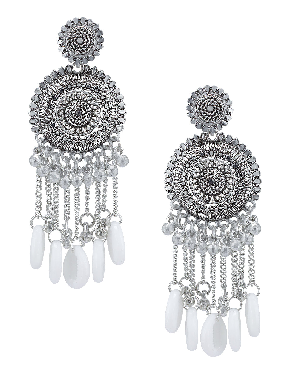 Silver Oxidised Floral & Artificial Shels Beads Jhumka Earrings
