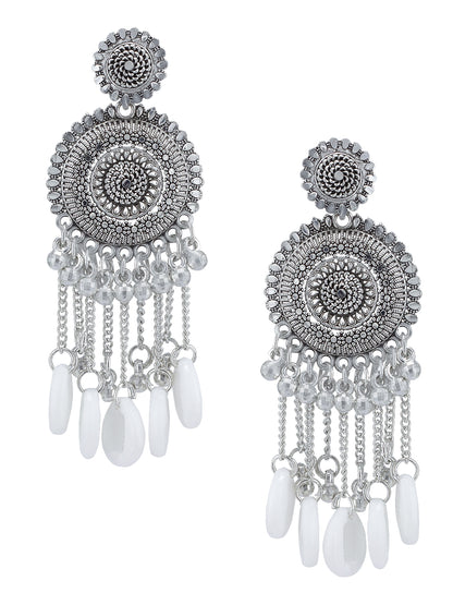 Silver Oxidised Floral & Artificial Shels Beads Jhumka Earrings