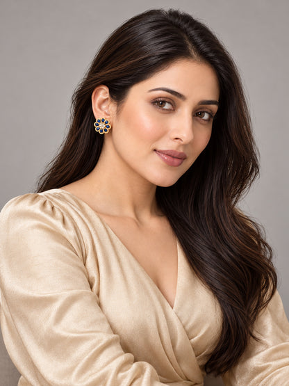 South Indian Gold Plated Blue AD Floral Stud Earrings for Women