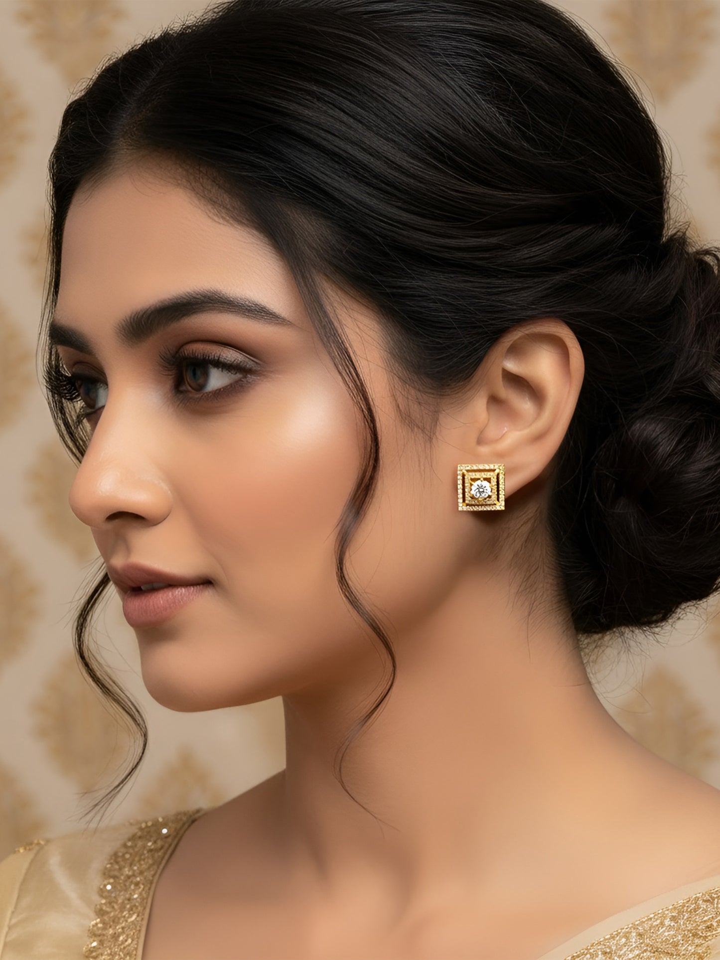 Gold Plated American Diamond Square Studs for women