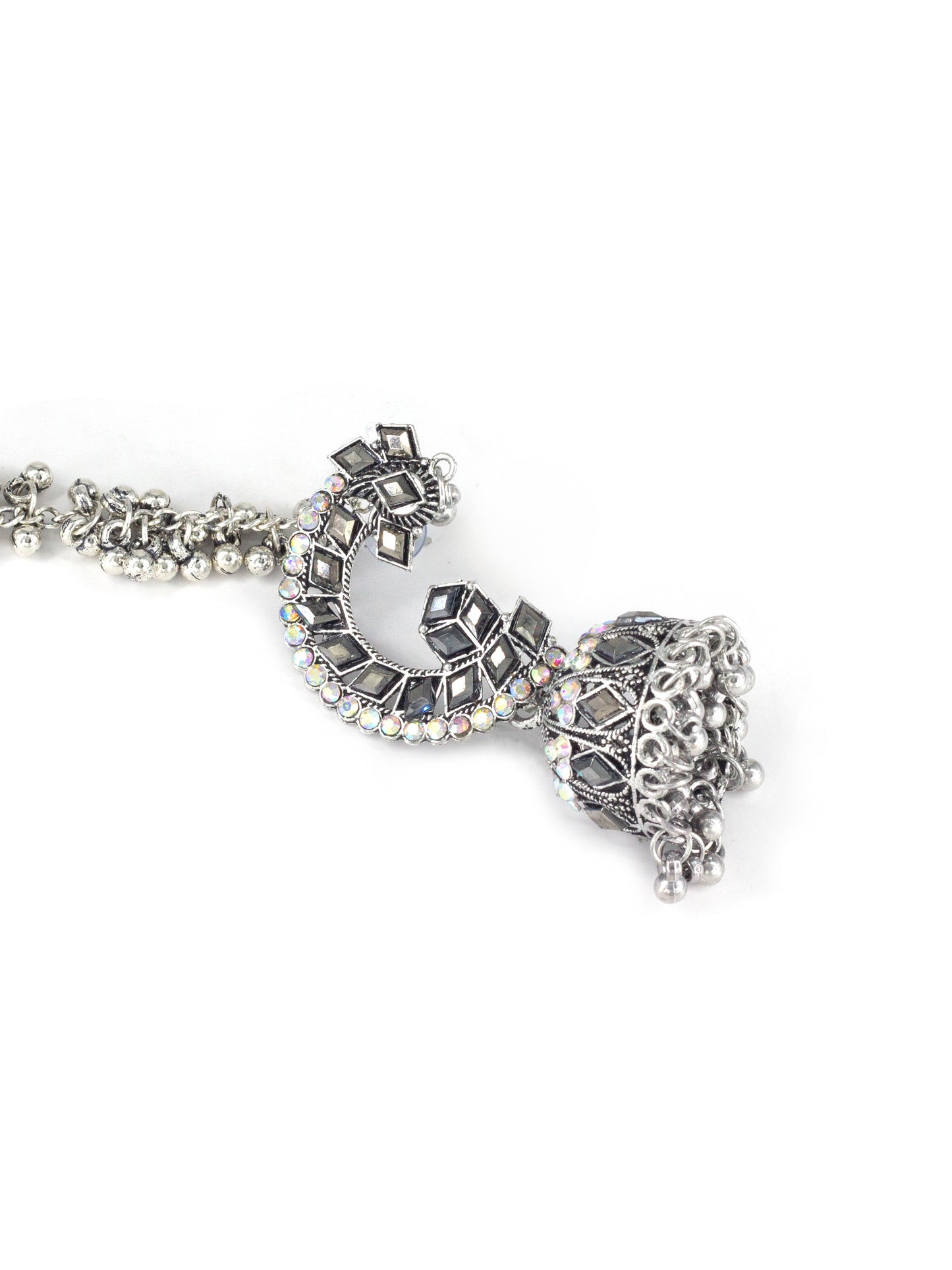 Silver Oxidised Rhinestone Jhumka Earrings with Chain