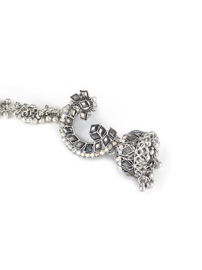 Silver Oxidised Rhinestone Jhumka Earrings with Chain