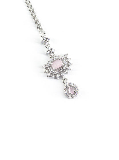 Silver Plated Pink AD Maang Tikka for Women