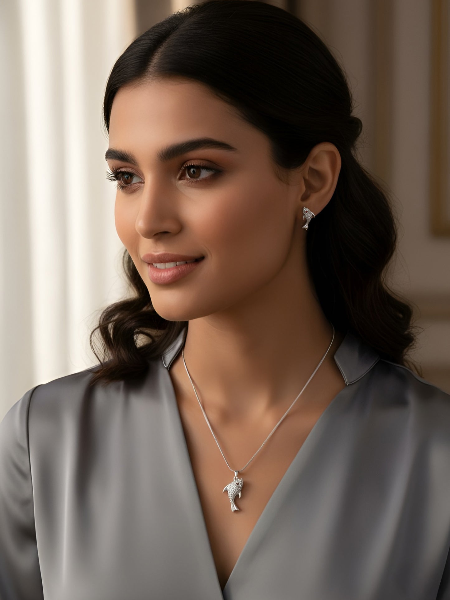 Silver Plated AD Studded Fish Pendant And Earrings Set for Women