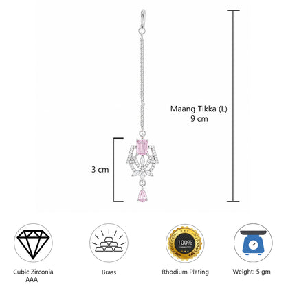 Silver Plated Pink AD Maang Tikka for Women