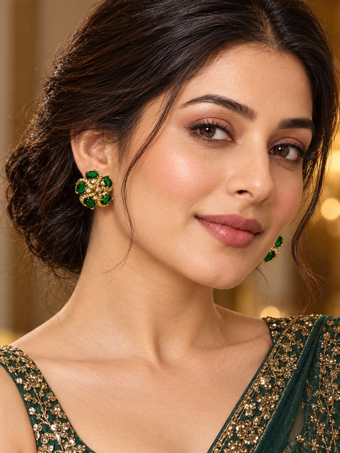 South Indian Gold Plated Green AD Floral Stud Earrings for Women