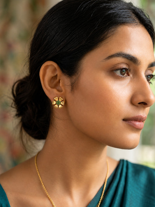 Gold Plated Green AD Floral Stud Earrings for Women