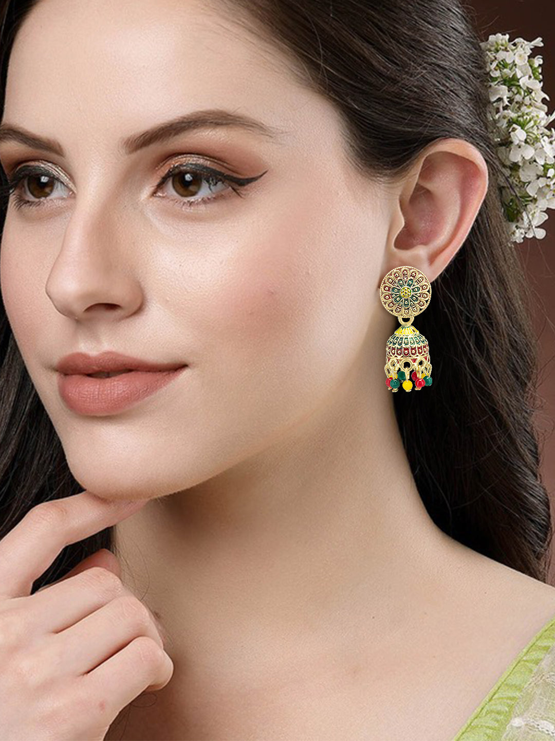 Gold Plated Floral Circular Multi Color Artificial Beaded Jhumki Earrings