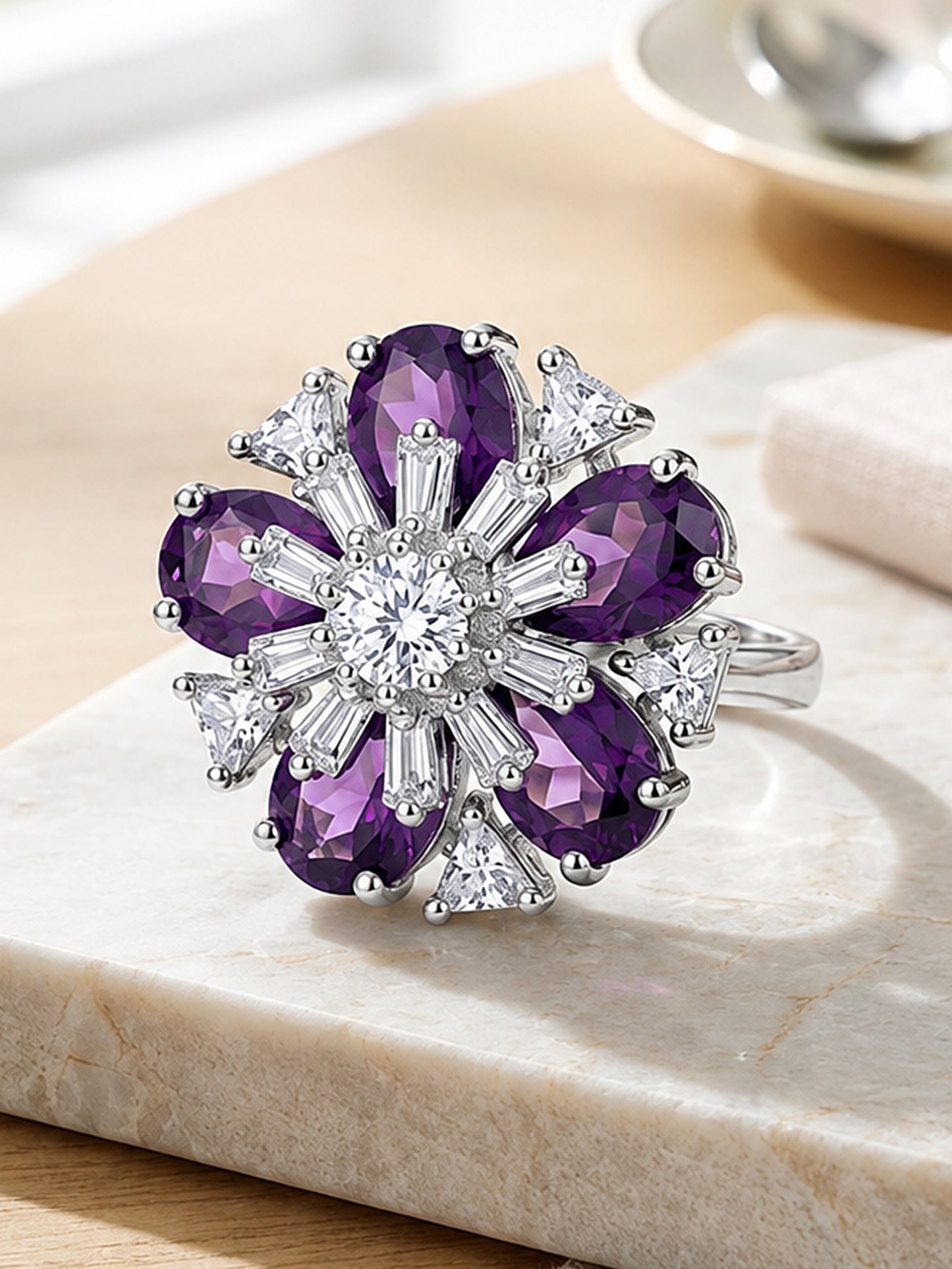Rhodium Plated Purple AD Floral Finger Ring for Women