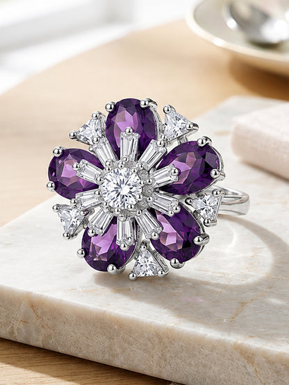 Rhodium Plated Purple AD Floral Finger Ring for Women