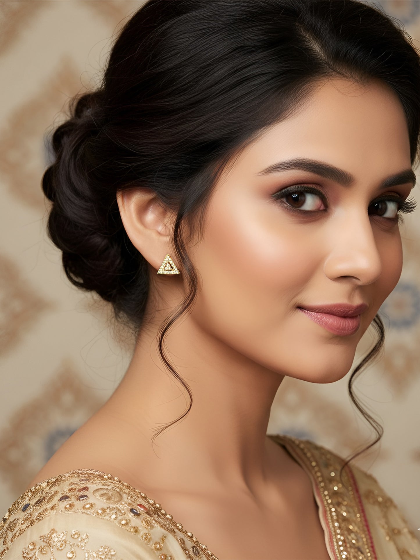 Gold Plated American Diamond Triangular Stud Earrings for women