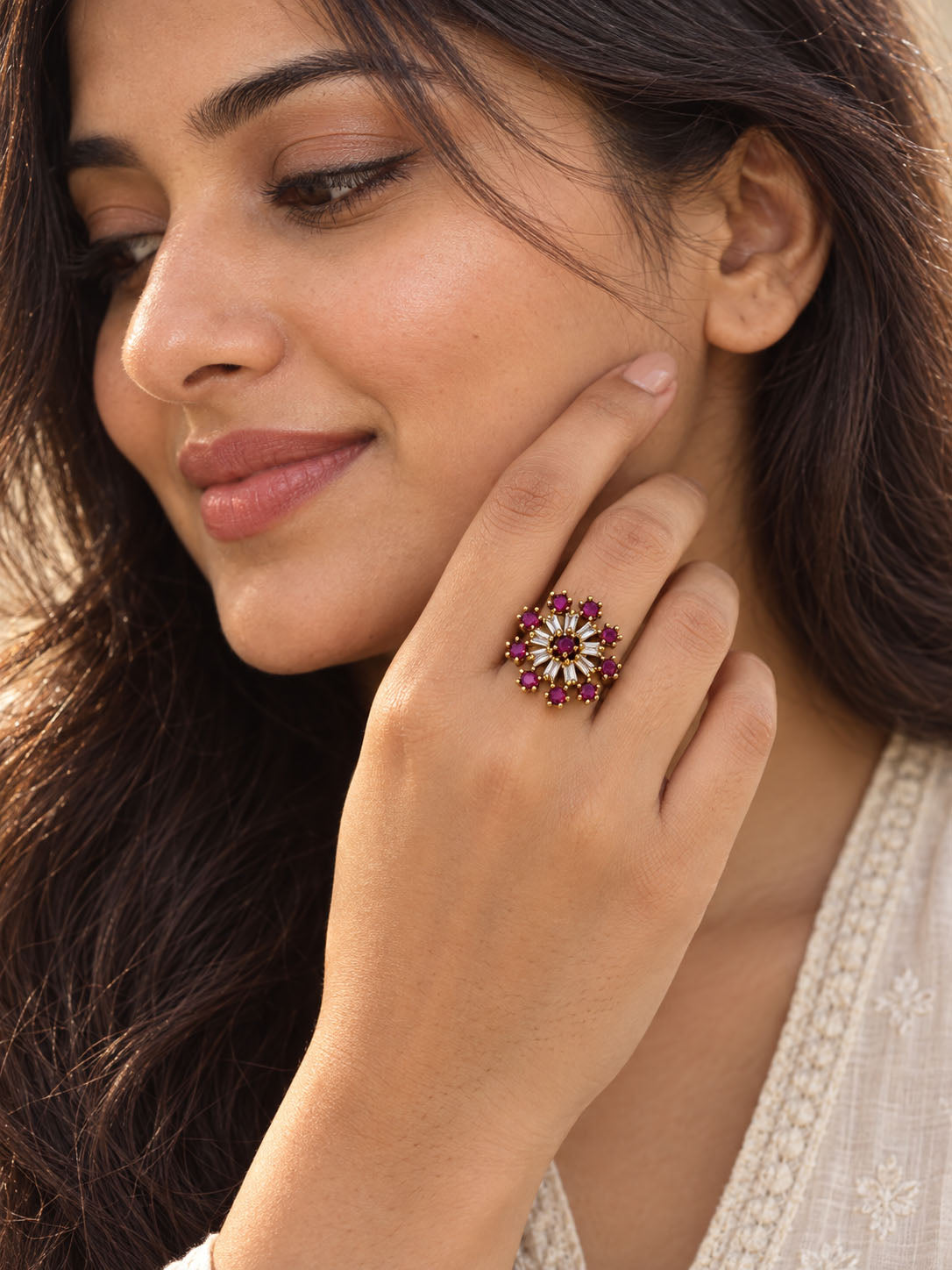 22K Gold Plated Red AD Finger Ring for Women