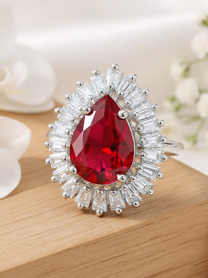 Rhodium Plated Red AD Adjustable Ring for Women