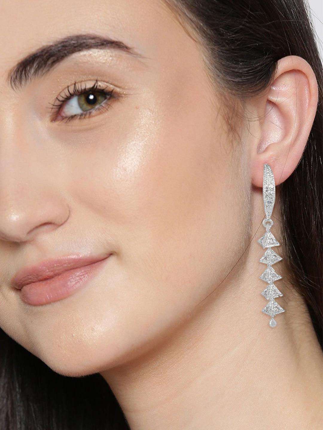 Silver Plated American Diamond 5 Layer Triangle Jhumka Earrings