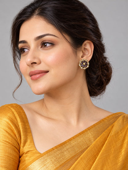 South Indian Gold Plated Purple AD Floral Stud Earrings for Women