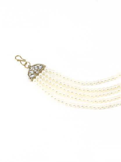 Gold-Plated Kundan-Studded Jhumka Earrings With Pearl-Beaded Hair Chain