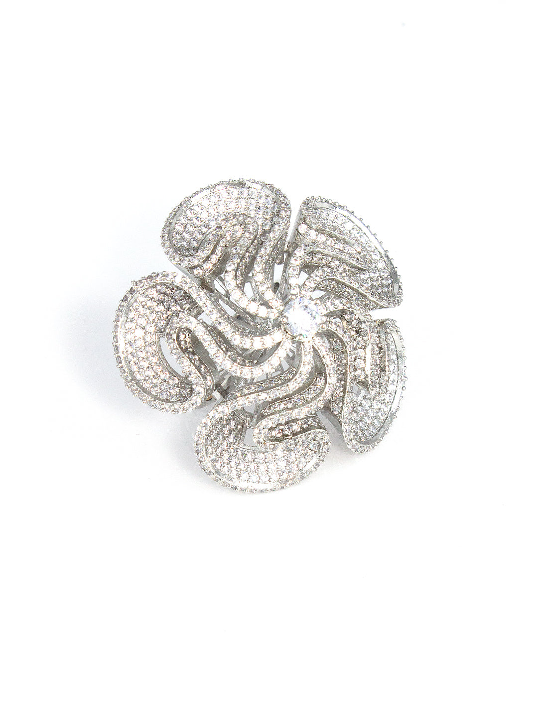 Silver-Plated American-Diamond Big Floral Cocktail Adjustable Finger Ring