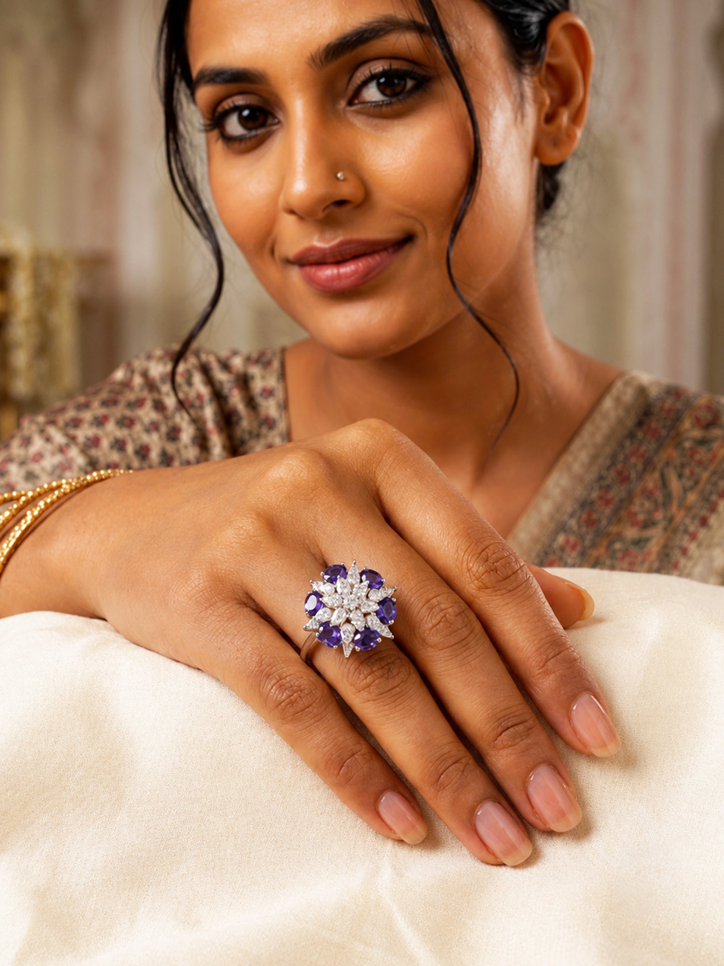 Rhodium Plated Purple AD Floral Finger Ring for Women