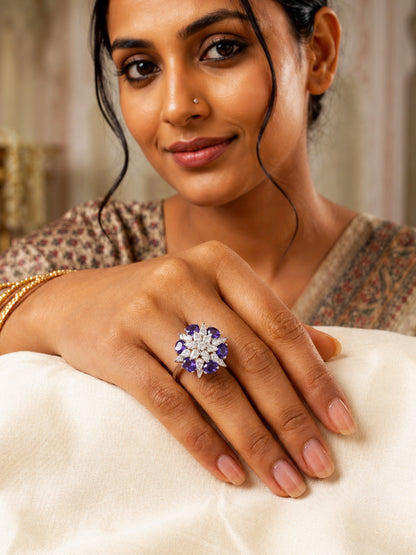 Rhodium Plated Purple AD Floral Finger Ring for Women