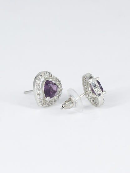Silver Plated Purple American Diamond Heart Stud Earrings for Women