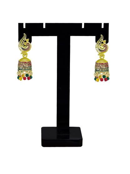 Gold Plated Peacock Multi Color Artificial Beaded Jhumki Earrings