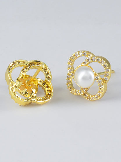 Gold Plated AD & Pearl Floral Designer Stud Earrings for Women