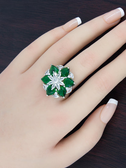 Silver Plated Green Floral AD Adjustable Ring For Women