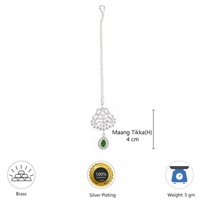 Silver Plated Green AD Maang Tikka for Women
