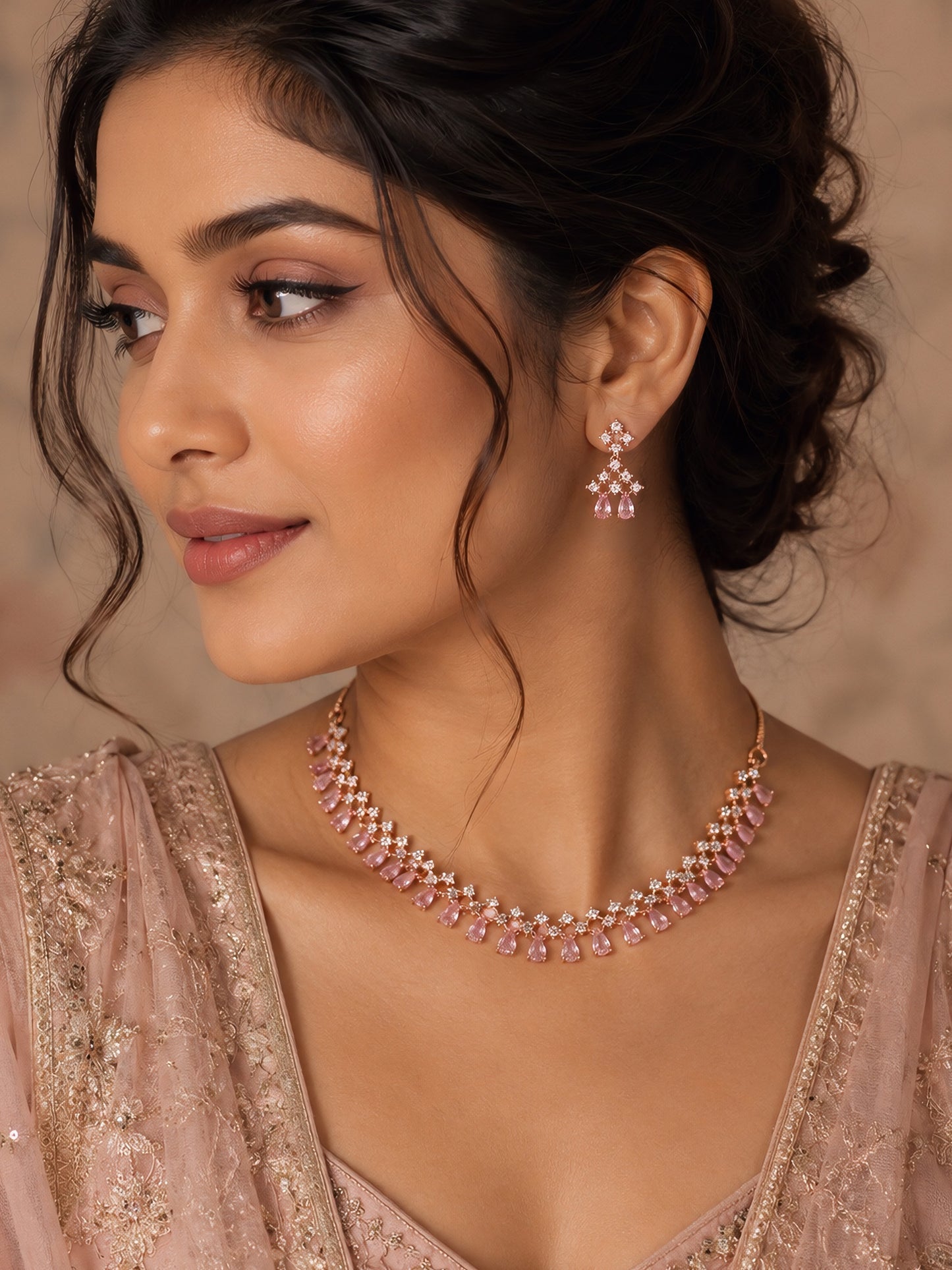 Rose Gold Plated Pink American Diamond Jewellery Set for Women