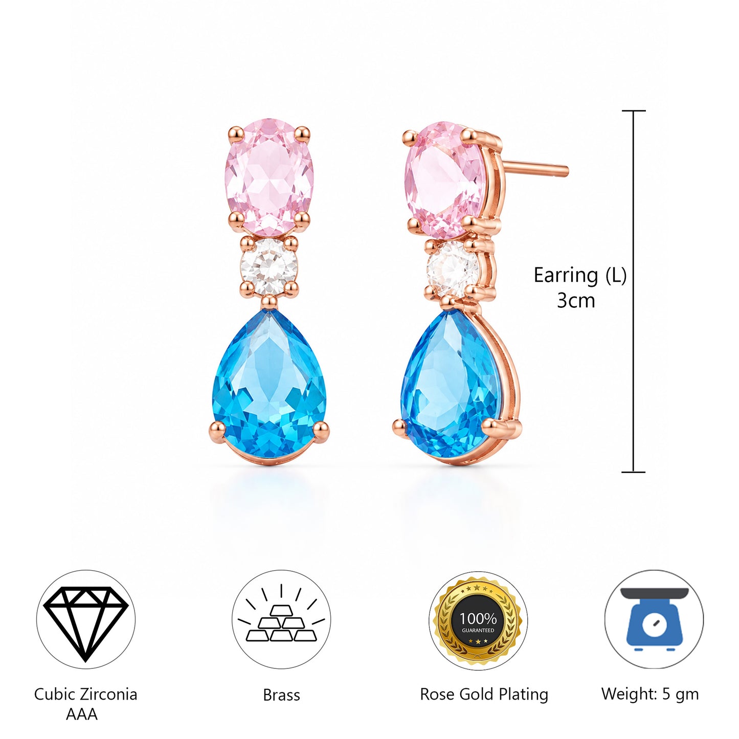 Rose Gold Plated AD Teardrop Earrings for Women