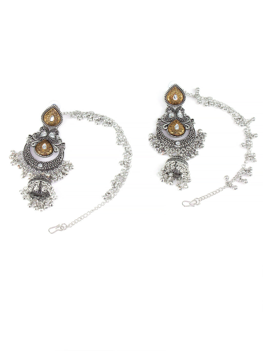 Dual-Tone Afghani Jhumka Earrings With Ear Chain