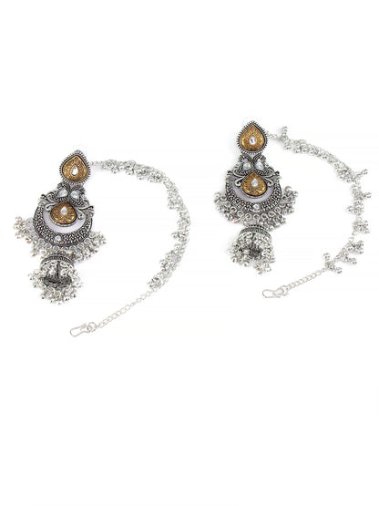 Dual-Tone Afghani Jhumka Earrings With Ear Chain