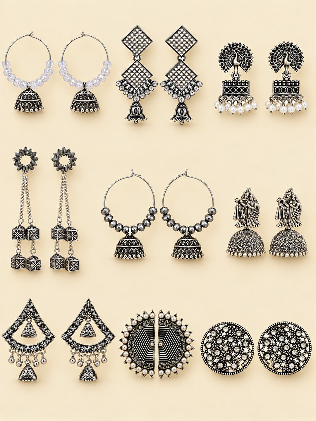 Set of 9 Silver Oxidised Jhumka Earrings for Women