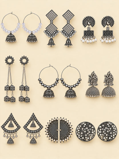 Set of 9 Silver Oxidised Jhumka Earrings for Women