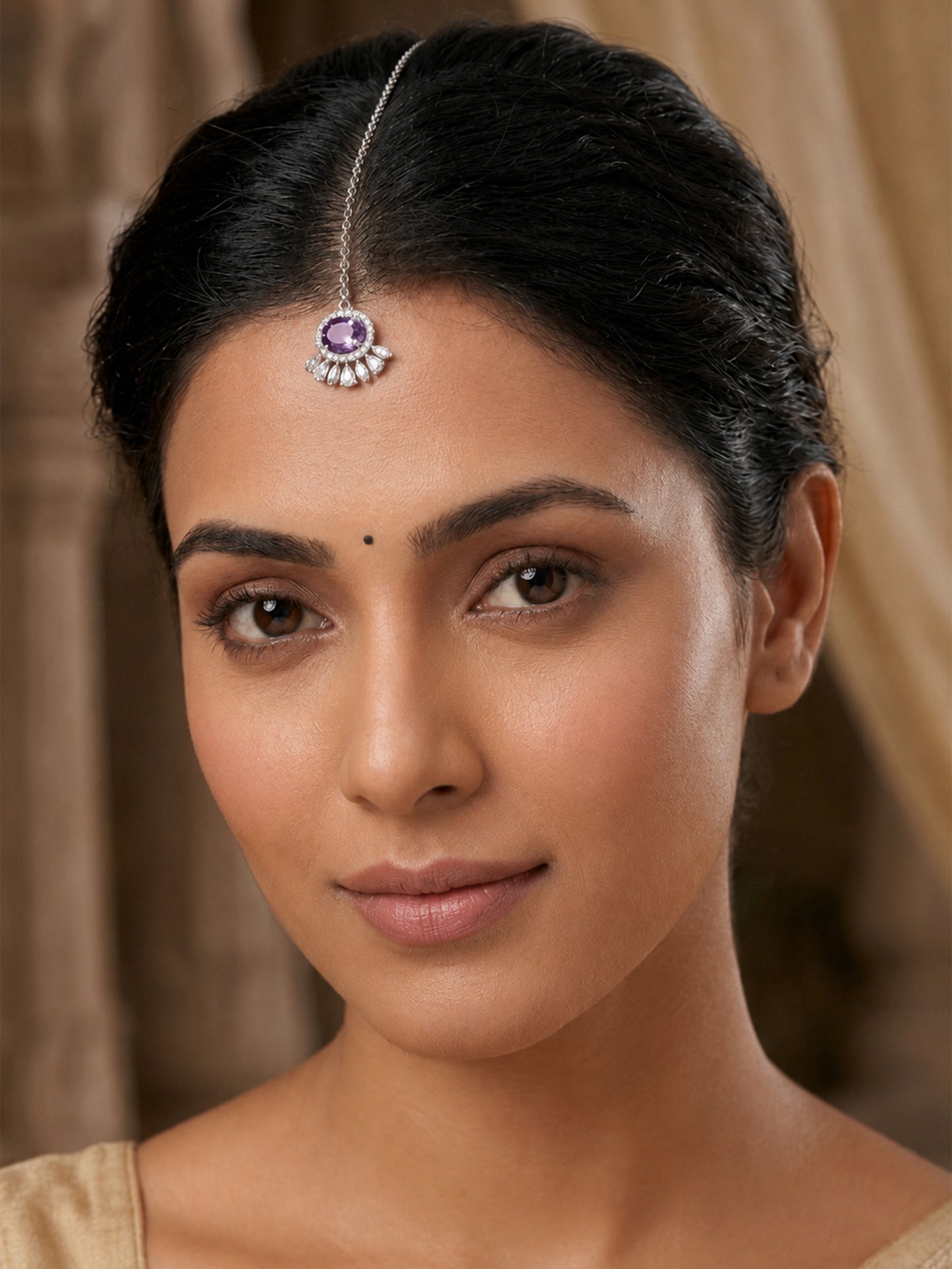 Silver Plated Purple AD Maang Tikka for Women