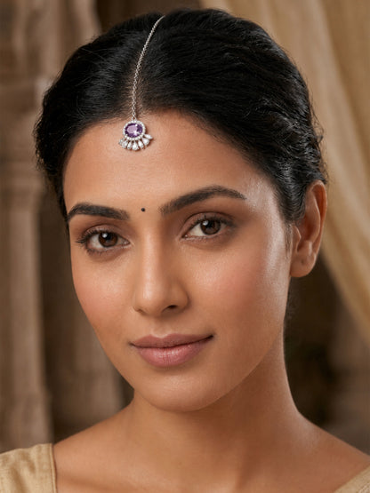 Silver Plated Purple AD Maang Tikka for Women