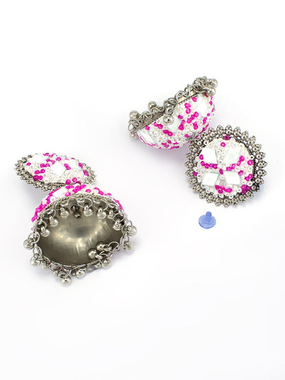 Pink Beads Drop Jhumka Earrings