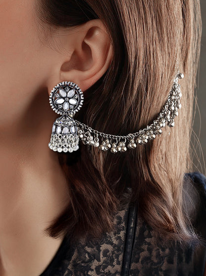 Silver-Oxidised Floral Mirror-Studded Jhumka Earrings With Hair Chain
