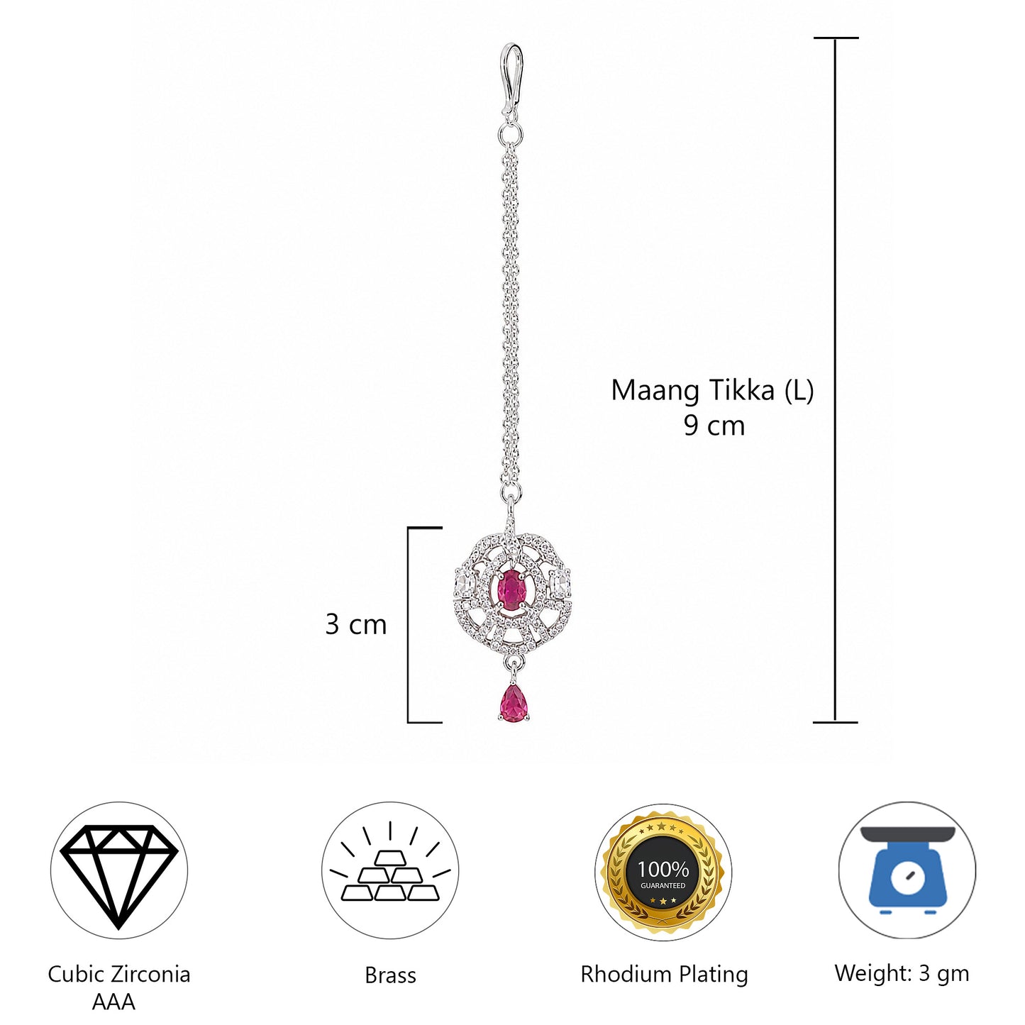 Silver Plated Pink AD Maang Tikka for Women