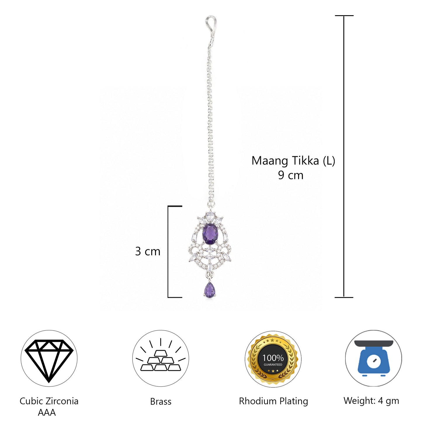 Silver Plated Purple AD Maang Tikka for Women