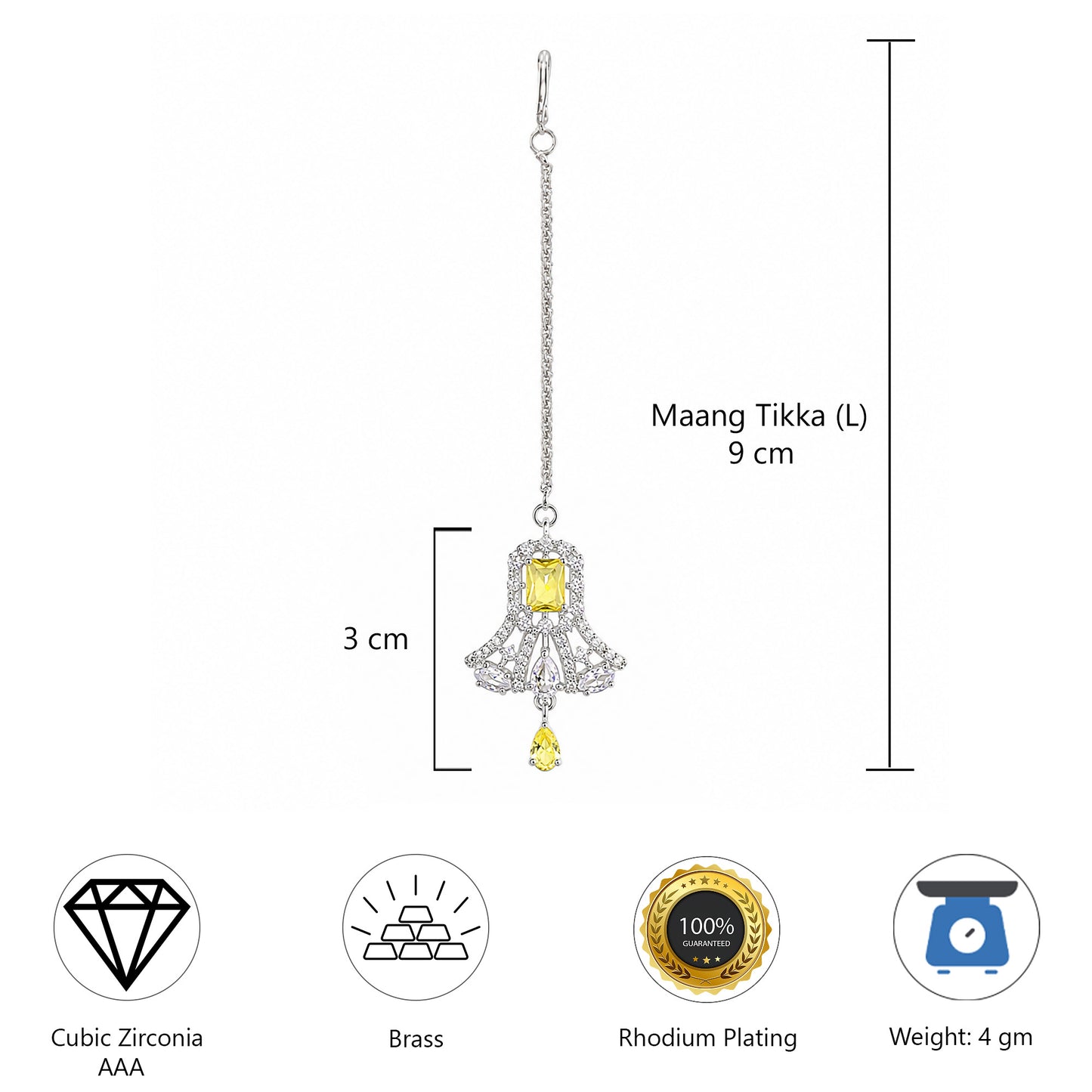 Silver Plated Yellow AD Maang Tikka for Women