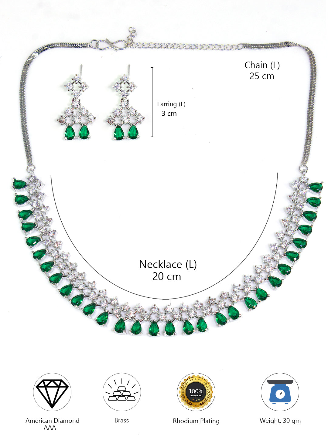 Silver Plated Green AD Sleek Designer Jewellery Set