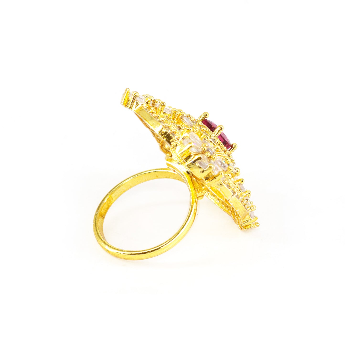 Gold Plated Red AD Floral Adjustable Finger Ring for Women